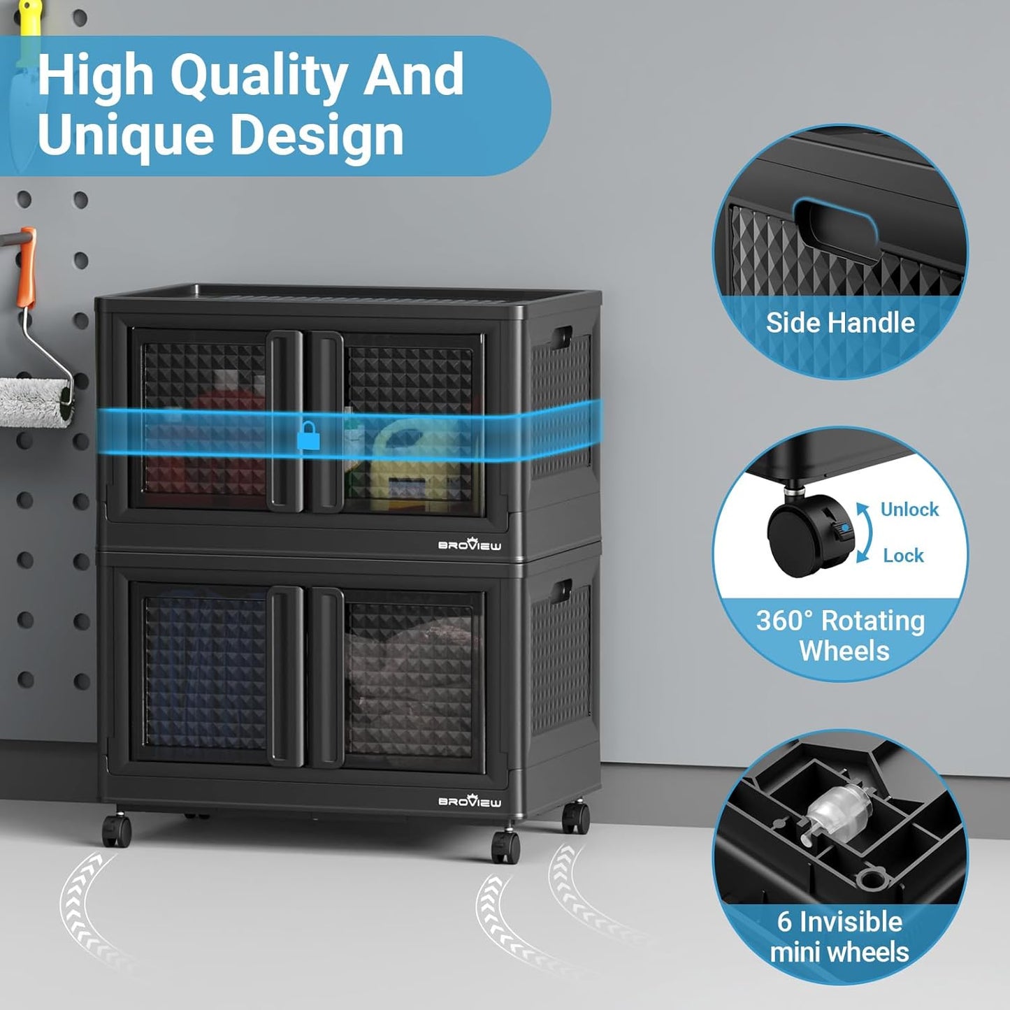 500Qt Stackable Storage Bins with Lids, 125Gal Closet Organizers and Storage Drawer, Plastic Collapsible Storage Bins with Doors, Heavy Duty Store Box Cabinet for Home Office, 5Pack Black