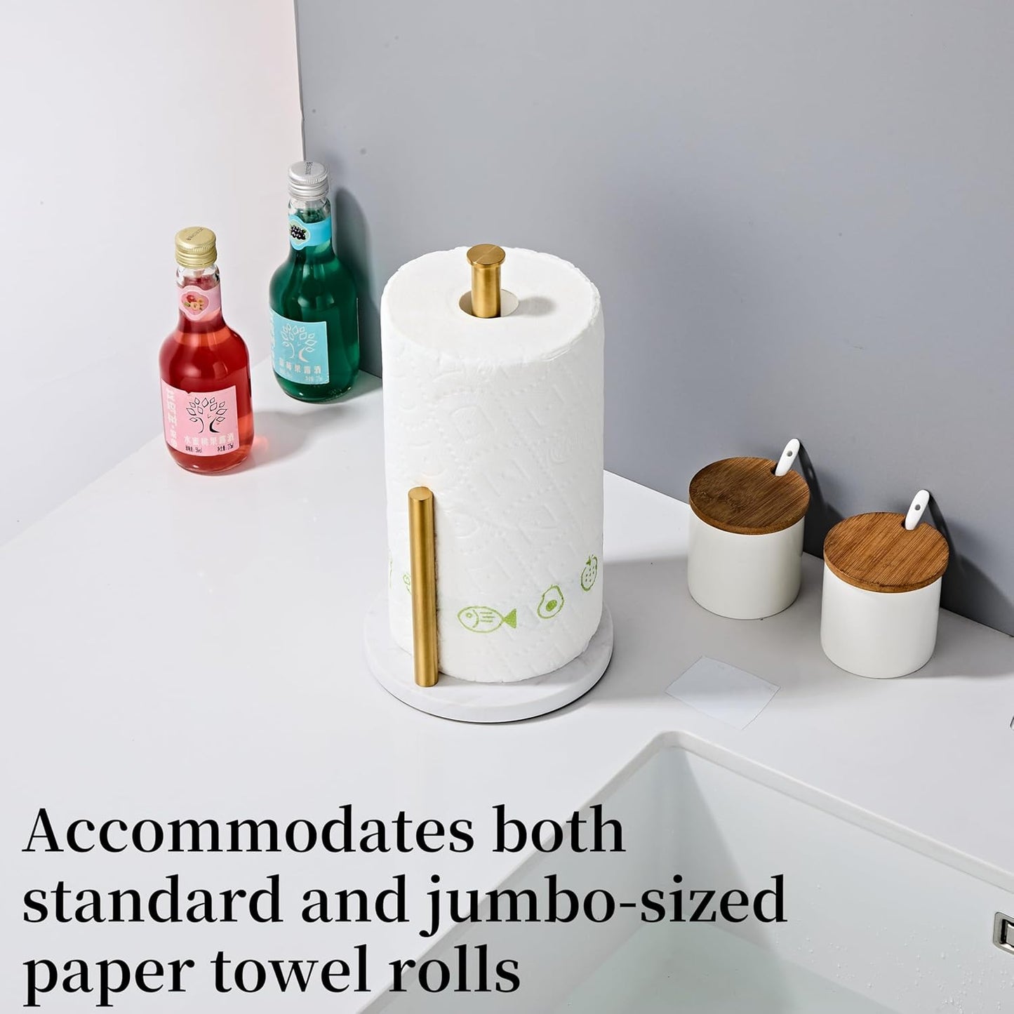 Brushed Gold Paper Towel Holder,Stainless Steel Paper Towel Holder for Kitchen Roll Organize, Standard or Jumbo-Sized Roll Paper, Countertop Roll Dispenser with Marble Base