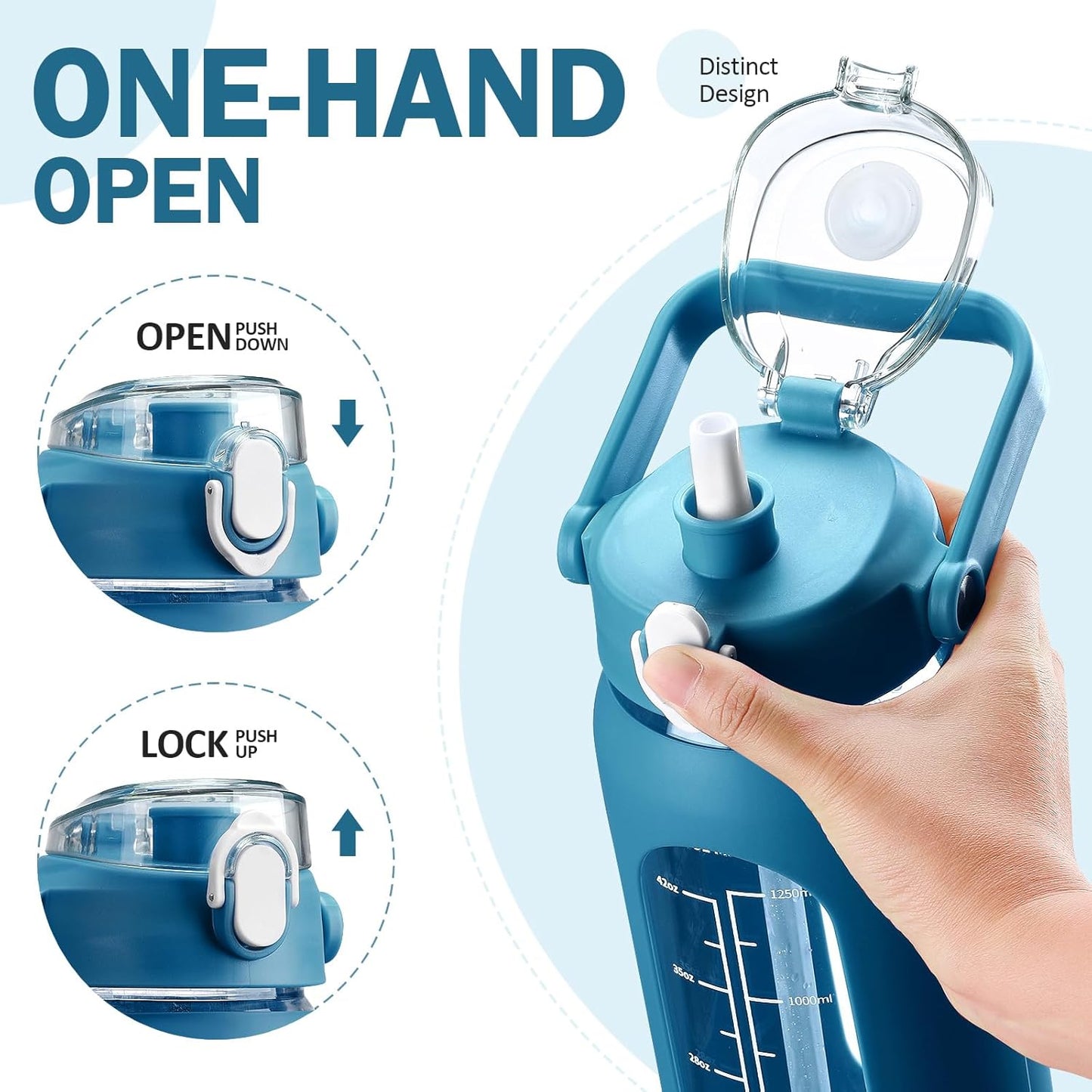 kytffu 56oz Glass Water Bottles with Straw, Motivational Glass Bottle with Silicone Sleeve and Time Marker, Leakproof Large Glass Water Jug for Gym Home Office,Iron Blue