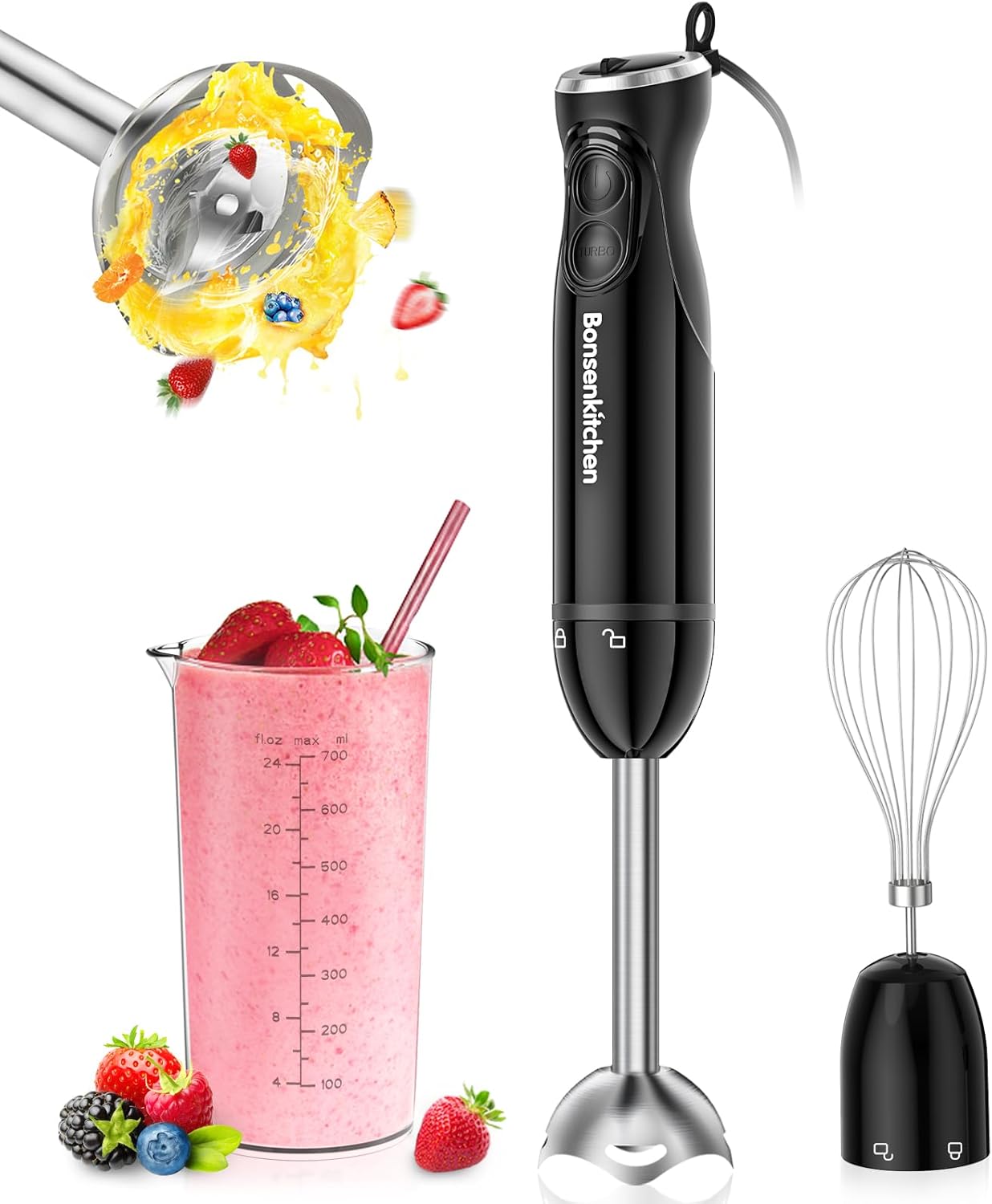 Bonsenkitchen Immersion Blender Handheld, 12-Speed and Turbo Hand Blender Electric with Sharp Blades, 3-In-1 Hand Held Stick Mixer with Egg Whisk, 24oz Beaker for Soups, Smoothies, Sauce