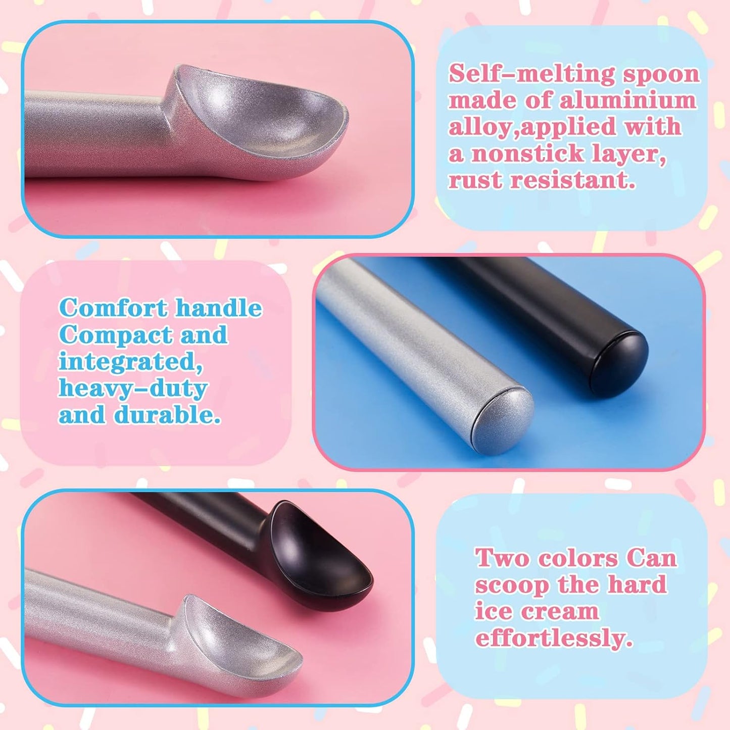 Gejoy 16 Pcs Ice Cream Scoop 7 Inch Nonstick Anti Freeze Ice Cream Scooper Aluminum Design Dessert Spoon for Gelatos Frozen Yogurt Fruit Sundaes Sorbet Almond Cookie Dough (Black and Silver)