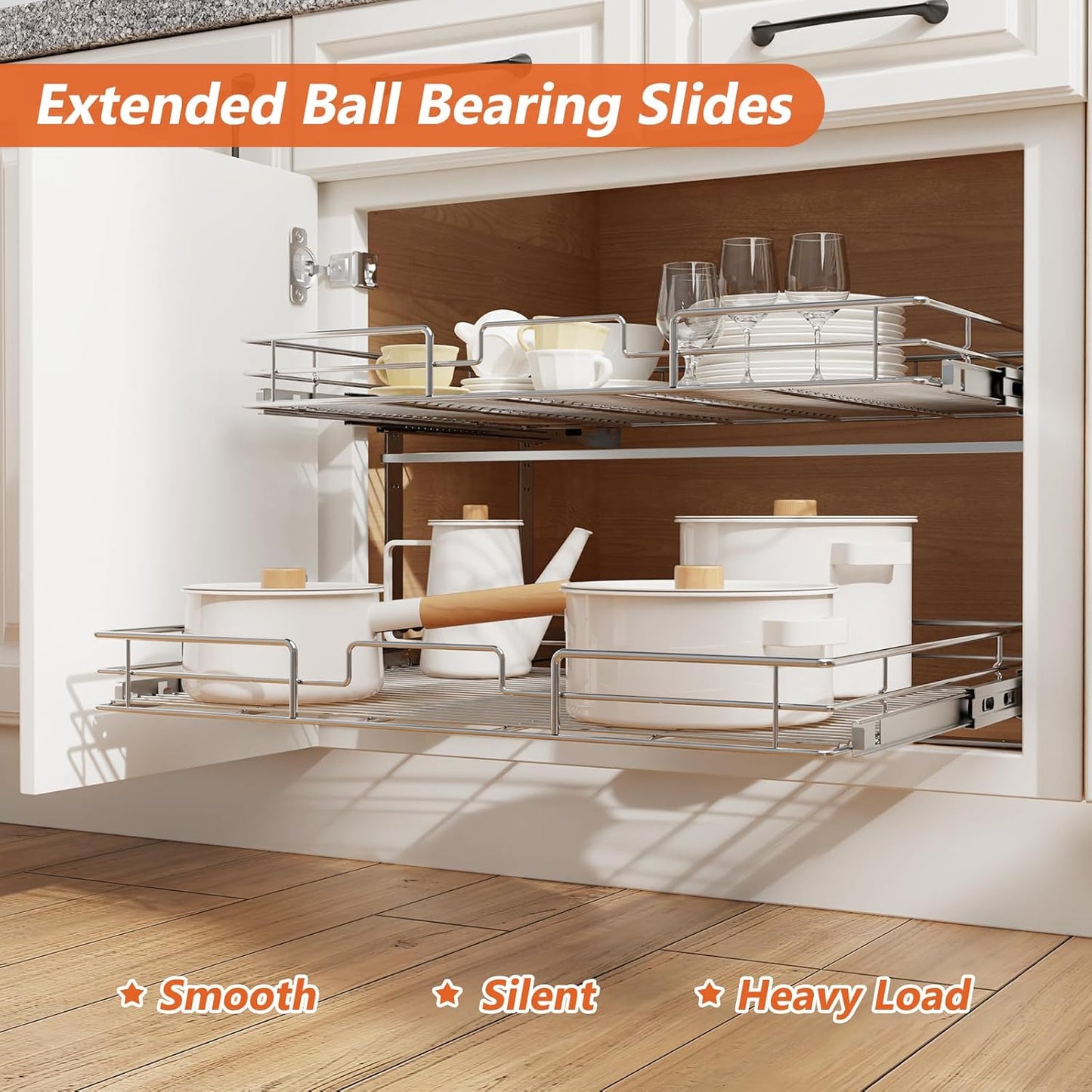 ROOMTEC Individual Pull Out Cabinet Organizer (30" W x 21½" D), 2 Tier Spice Rack Organizer for Cabinet, Slide Out Drawer Pantry Shelf Organization and Storage for Kitchen Bathroom