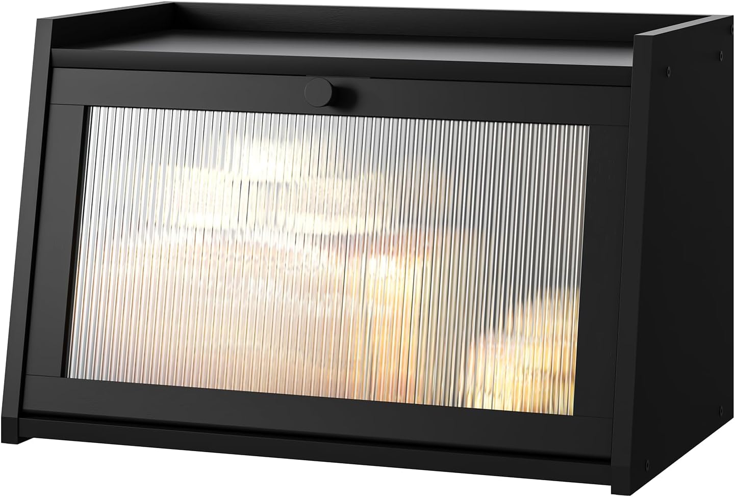 Bread Box for Kitchen Counter, Large Bamboo Bread Storage Container with Wavy Arcylic Door, Bamboo Wooden Farmhouse Bread Box for Your House (Black, Medium)