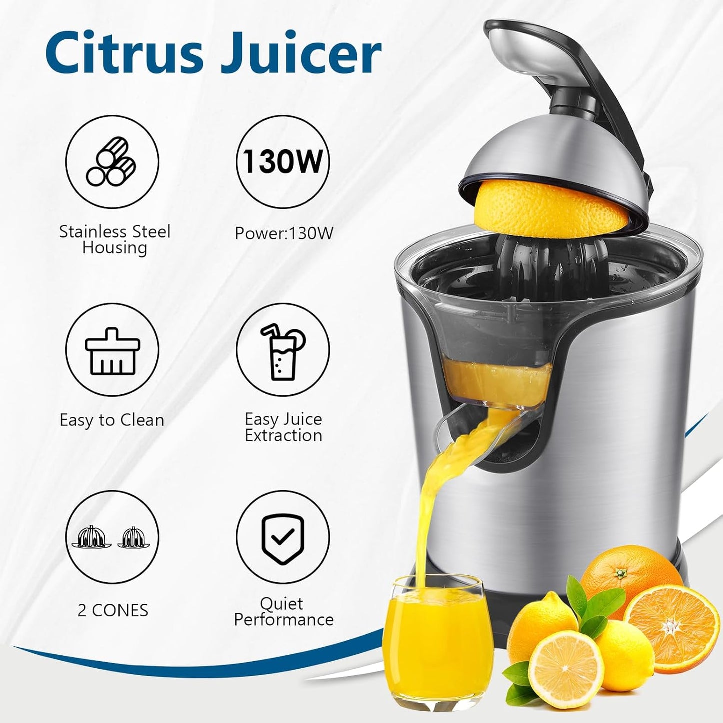 Citrus Juicer, Orange Juicer Machine, Stainless Steel Hands Free Lime Grapefruit Squeezer, Electric Citrus Juicer for Juice, Fruits, Lemons