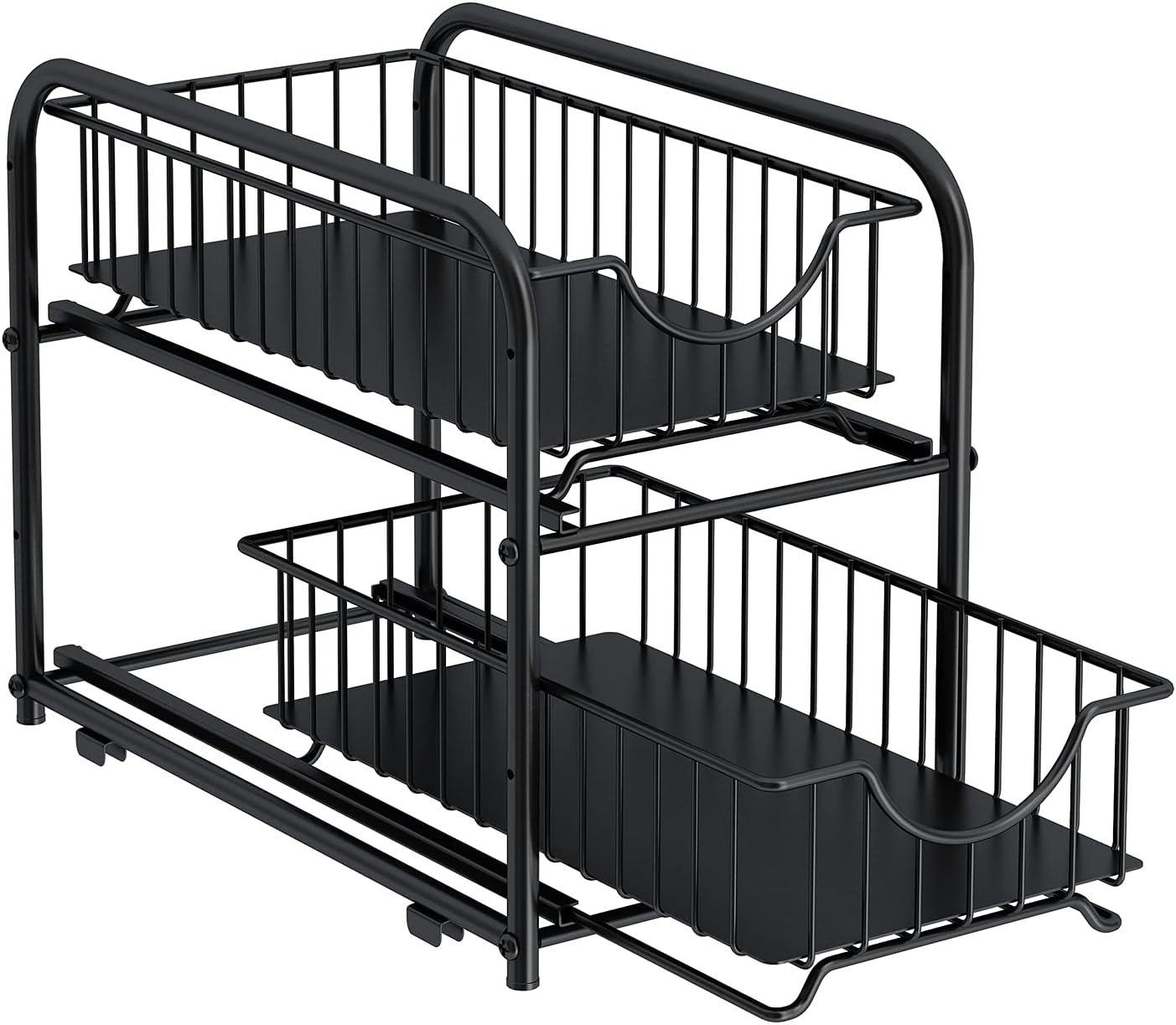 AIYAKA Pull-out Cabinet Organizer, Stackable 2-tier Under Sink Rack, with Sliding Storage Drawer for Pantry, and Desktop, for Bathroom, Kitchen, Office, Black