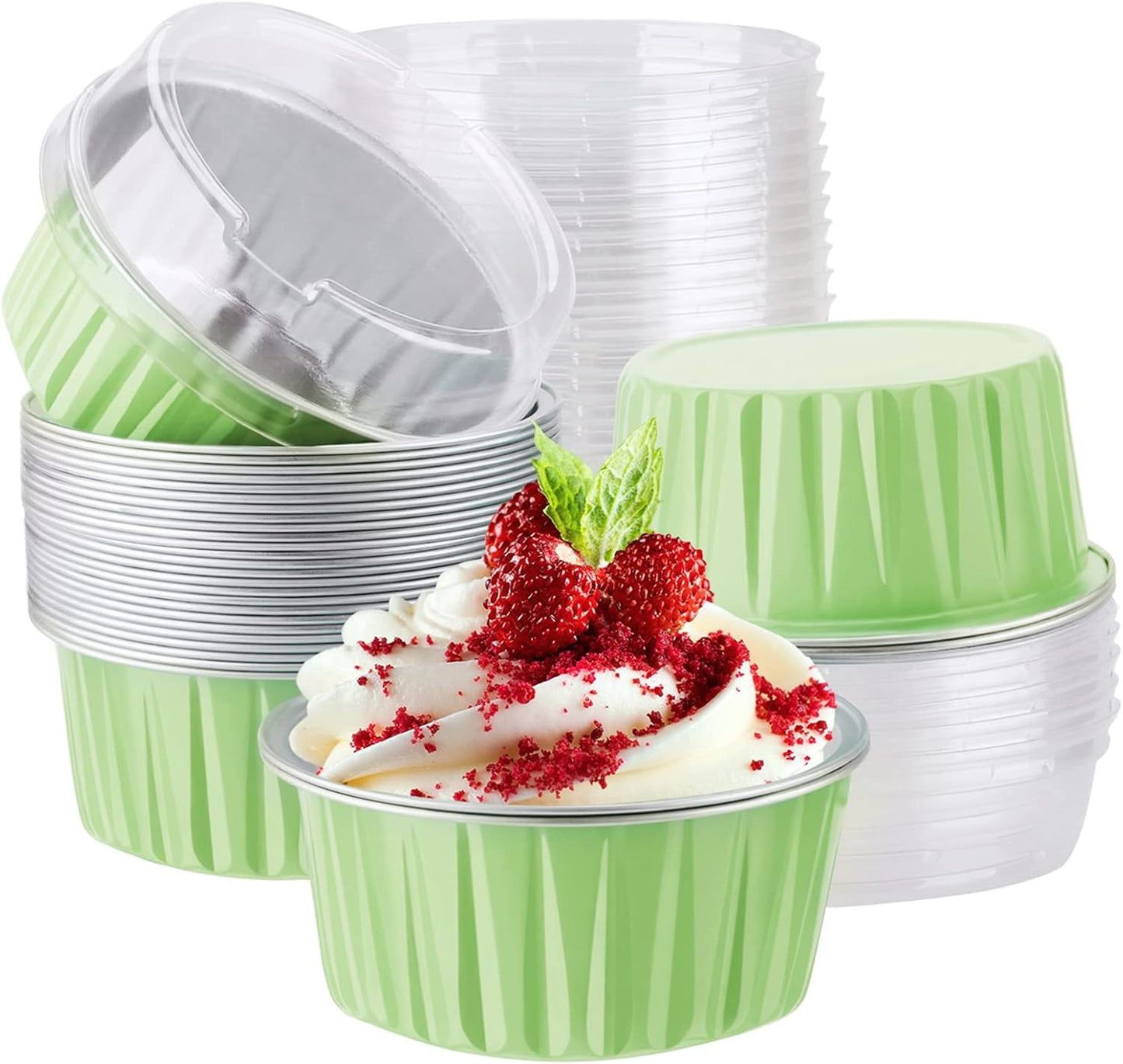 EUSOAR Baking Cups with Lids, 30pcs 5oz Disposable Aluminum Foil Muffin Liners Ramekins Cupcake Baking Cups, Disposable Foil Baking Cups Containers Mini Pie Pans for Creme Brulee or Cupcake-Green
