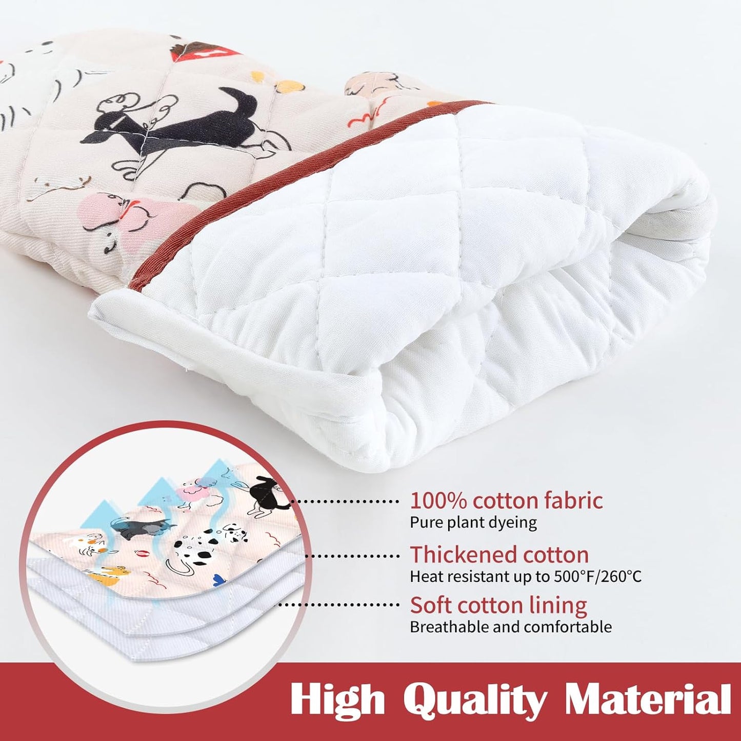 Dogs Oven Mitts and Pot Holders Sets 2Pcs, 100% Cotton Heat Resistant, Extra Long Oven Gloves Potholder for Kitchen Cooking Baking Decoration