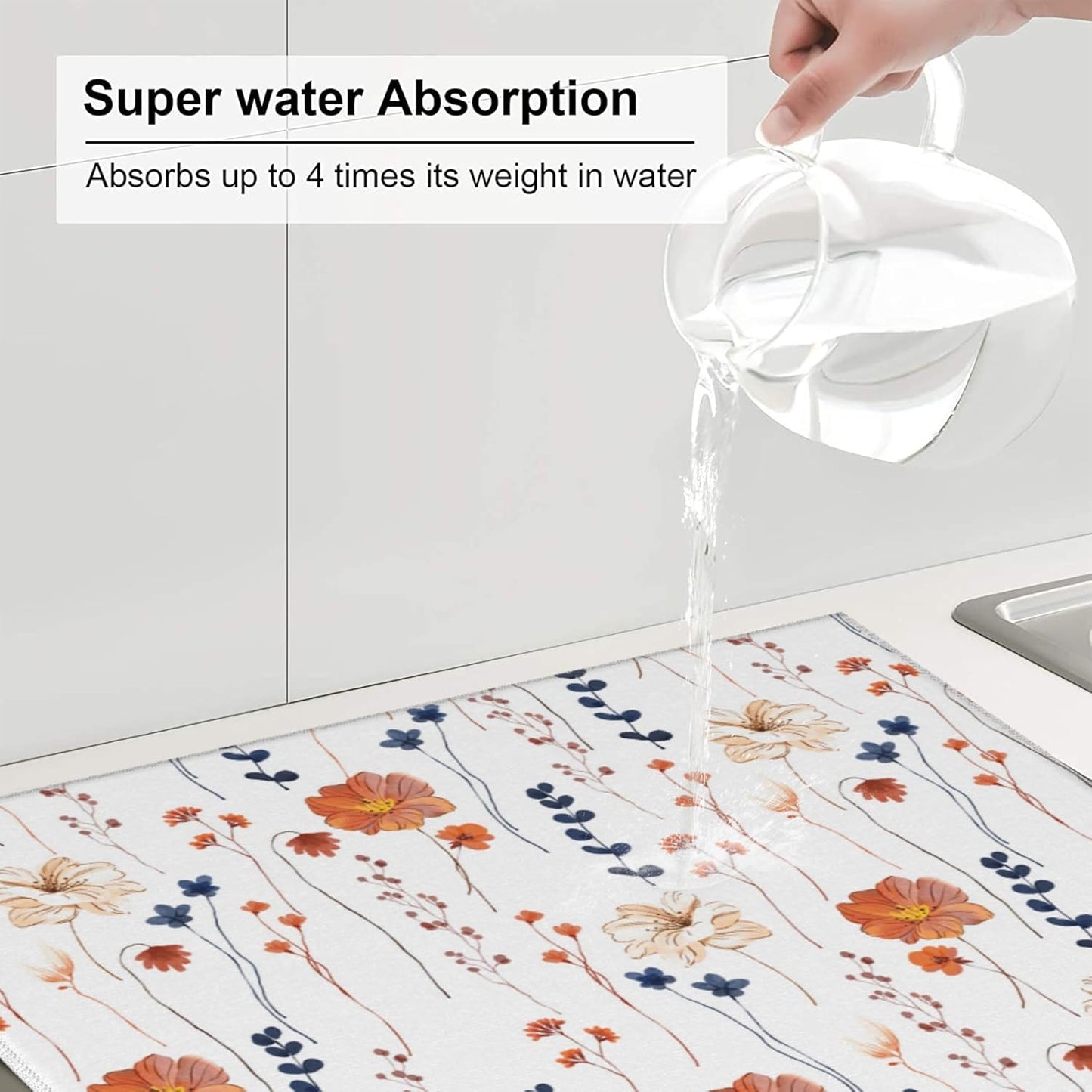 Watercolor Orange Floral Dish Drying Mat for Kitchen Counter Washable Absorbent Reversible Microfiber Orange Flower Decorative Drying Pad Kitchen Accessories 16"x18"