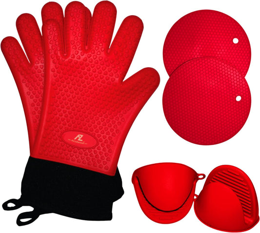 Silicone Smoker Oven Gloves & BBQ Set – Extreme Heat Resistant, Waterproof Oven Mitts, Mini Gloves, Hot Pads & Pot Holders for Cooking, Grilling, Baking, Extra Soft, Superior Value 6 pc Set. (Red)