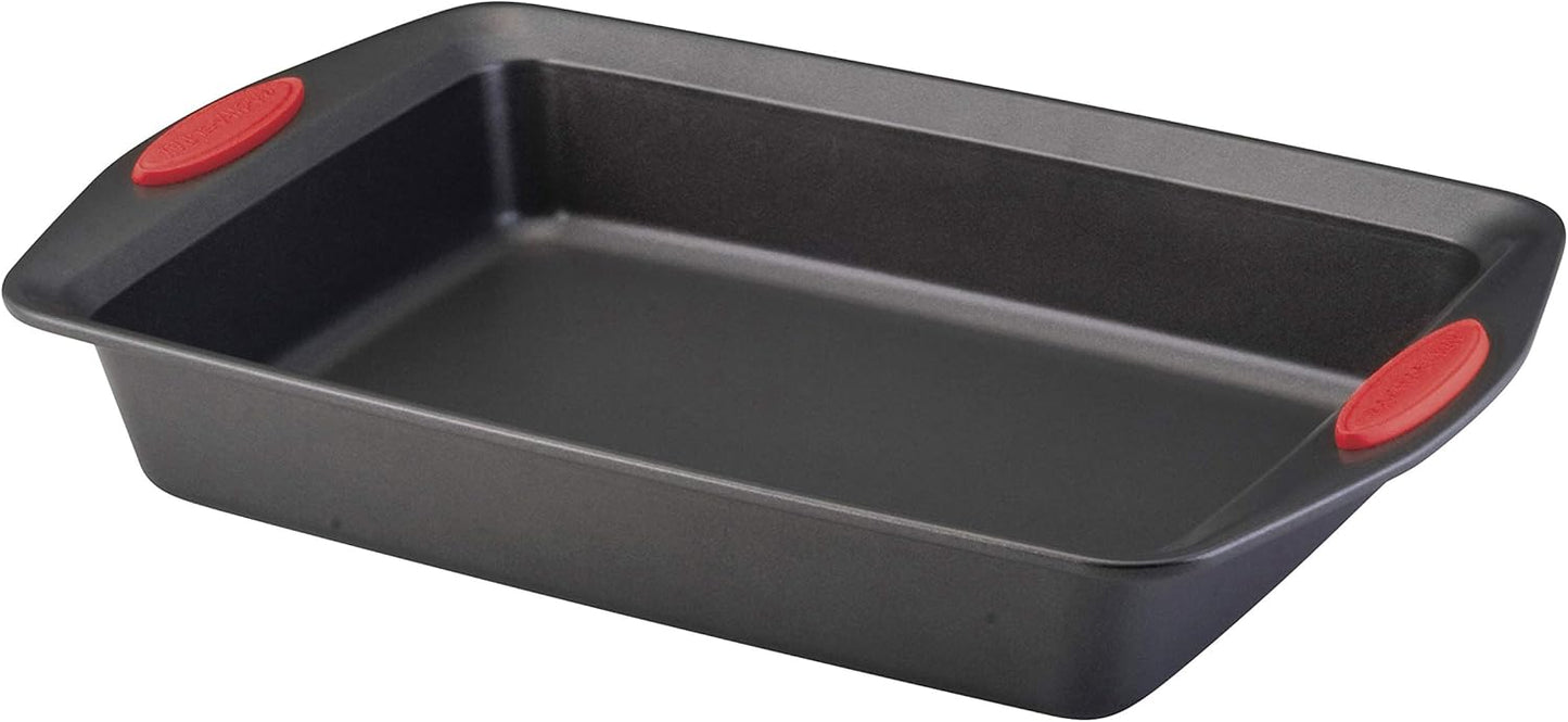 Rachael Ray Yum-o! Nonstick Baking Pan With Grips/ Nonstick Cake Pan with Grips, Rectangle - 9 Inch x 13 Inch, Gray with Red Grips