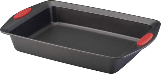 Rachael Ray Yum-o! Nonstick Baking Pan With Grips/ Nonstick Cake Pan with Grips, Rectangle - 9 Inch x 13 Inch, Gray with Red Grips