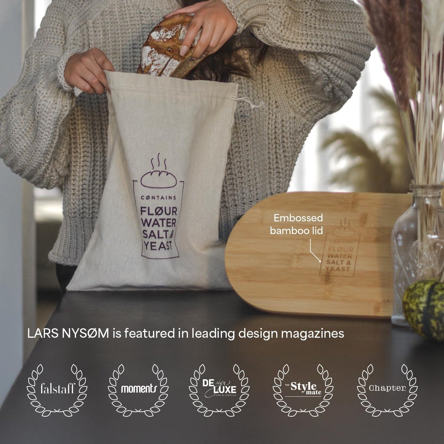 LARS NYSØM Bread Box I Metal Box with linen bag for long lasting freshness I Bread Bin with bamboo lid usable as cutting board I 14.2x7.5x5.1 In (Taupe Brown)