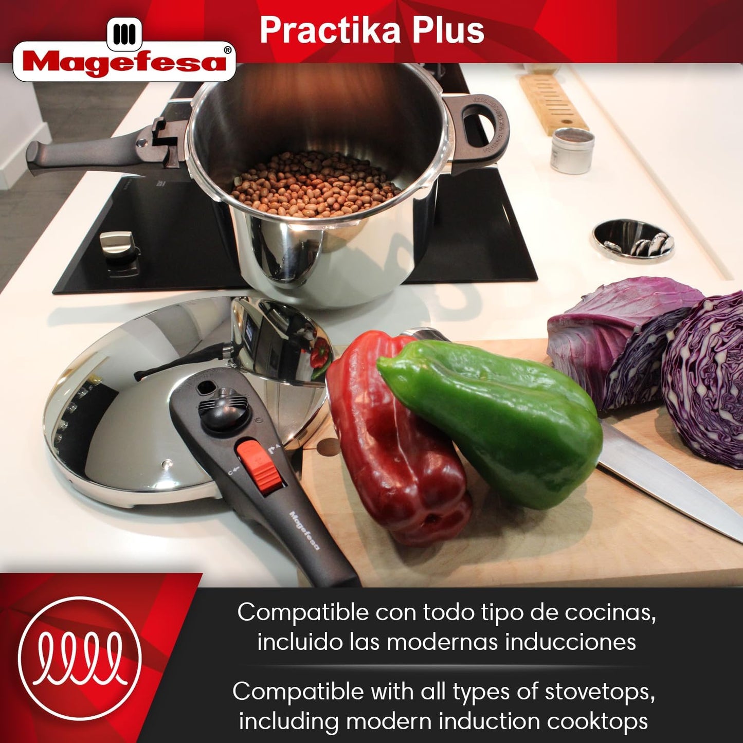 MAGEFESA Practika Plus 6.3-Quart Pressure Cooker – 18/10 Stainless Steel, Induction Compatible, 5-Layer Heat Diffuser Bottom, 5 Safety Systems, Even Heat Distribution