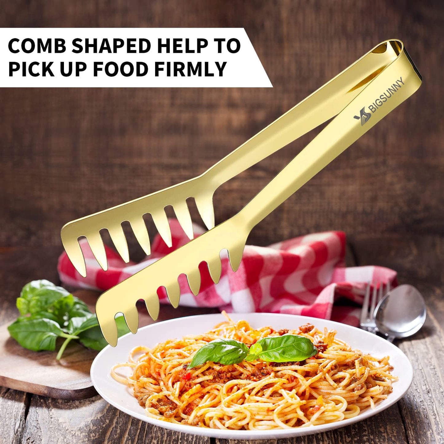 MSY BIGSUNNY 8 Inch Stainless Steel Pasta Tongs, Spaghetti Tongs with Teeth, Serving Tongs for Noodles, Spaghetti, Cooking (Set of 2, Shiny Gold)