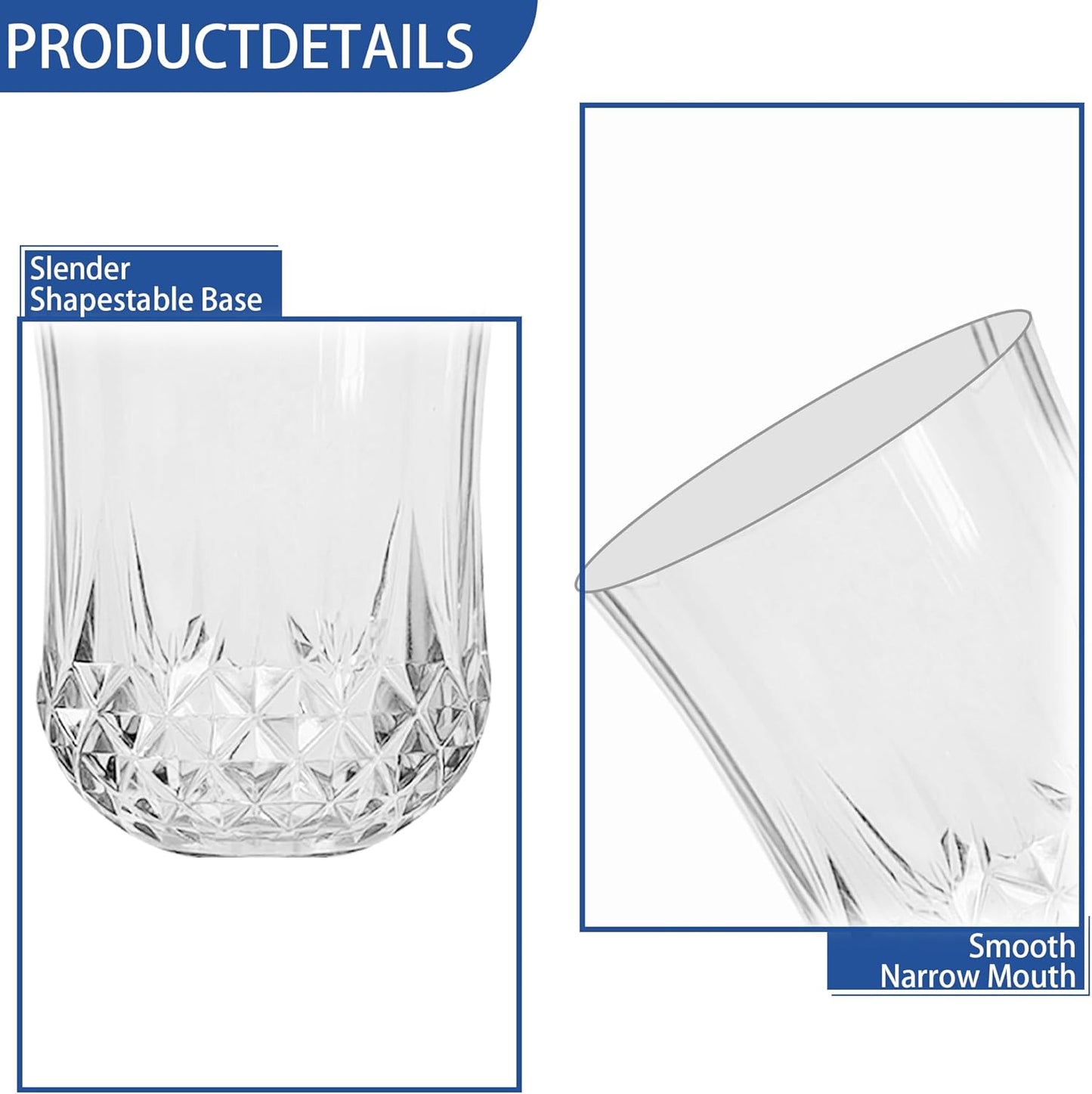 24 PCS Transparent Stemless Wine Glasses，Plastic Reusable Cups 9OZ Vintage Drinking Glasses Tumblers for Whisky, Beer, Juice, Beverages, Cocktai