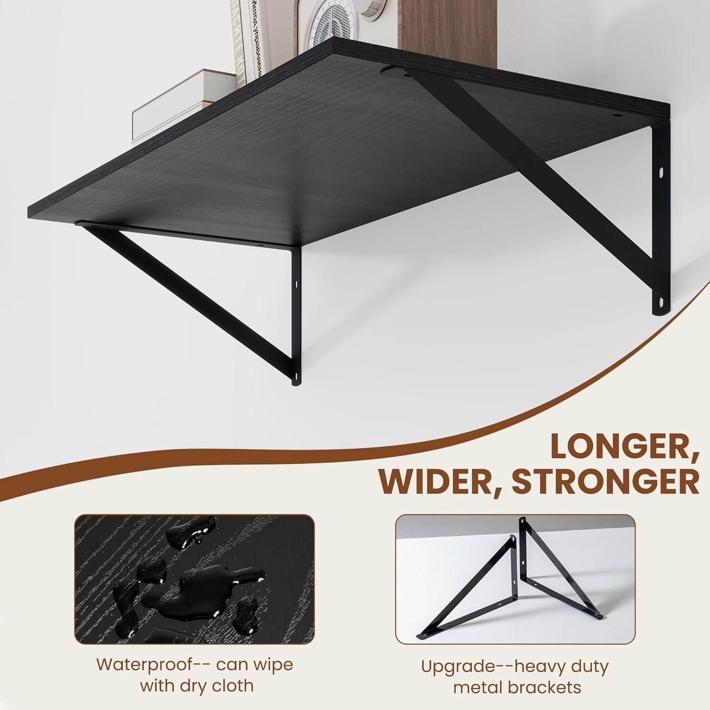 Heimlove Black Deep Floating Shelves for Wall, 24W x 12D Wood Wall Shelves Set of 2, Wide Floating Bookshelf for Living Room, Kitchen, Office, Bedroom and Decor Storage, with Metal Bracket - Black