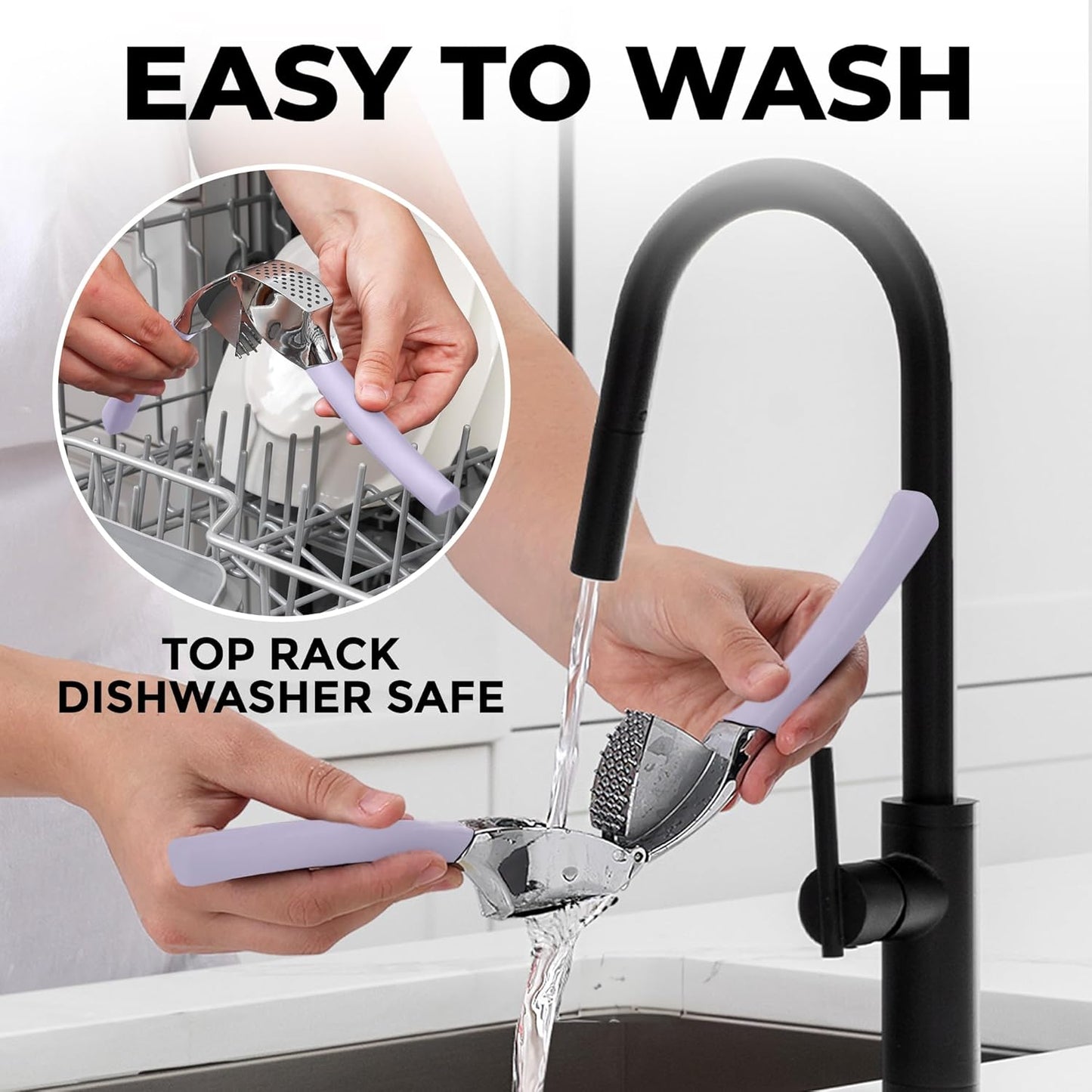 Zulay Kitchen Comfort Grip Garlic Press - Garlic Mincer Tool - Garlic Crusher - Garlic Press Mincer Rust Proof, with Soft Ergonomic Handle, Easy Clean Set with Peeler and Brush - Lavender