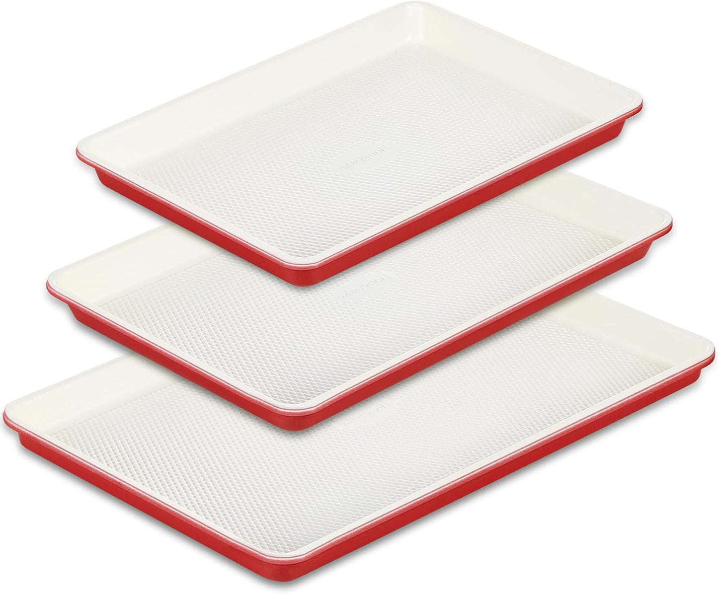 HONGBAKE 3 Pack Nonstick Ceramic Baking Sheet Pan Set for Oven, Non-Toxic Half/Quarter/Jelly Roll Pans with Diamond Texture, 0.8mm Aluminized Steel Cookie Trays for Cooking, Christmas Red & Cream