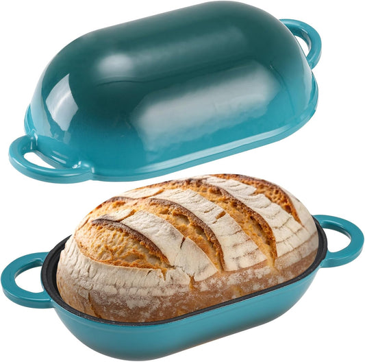 Enameled Cast Iron Bread Oven, 5QT Loaf Cast Iron Bread Pan with Lid, Oval Dutch Oven for Homemade Bread Baking (Gradient Blue-green)