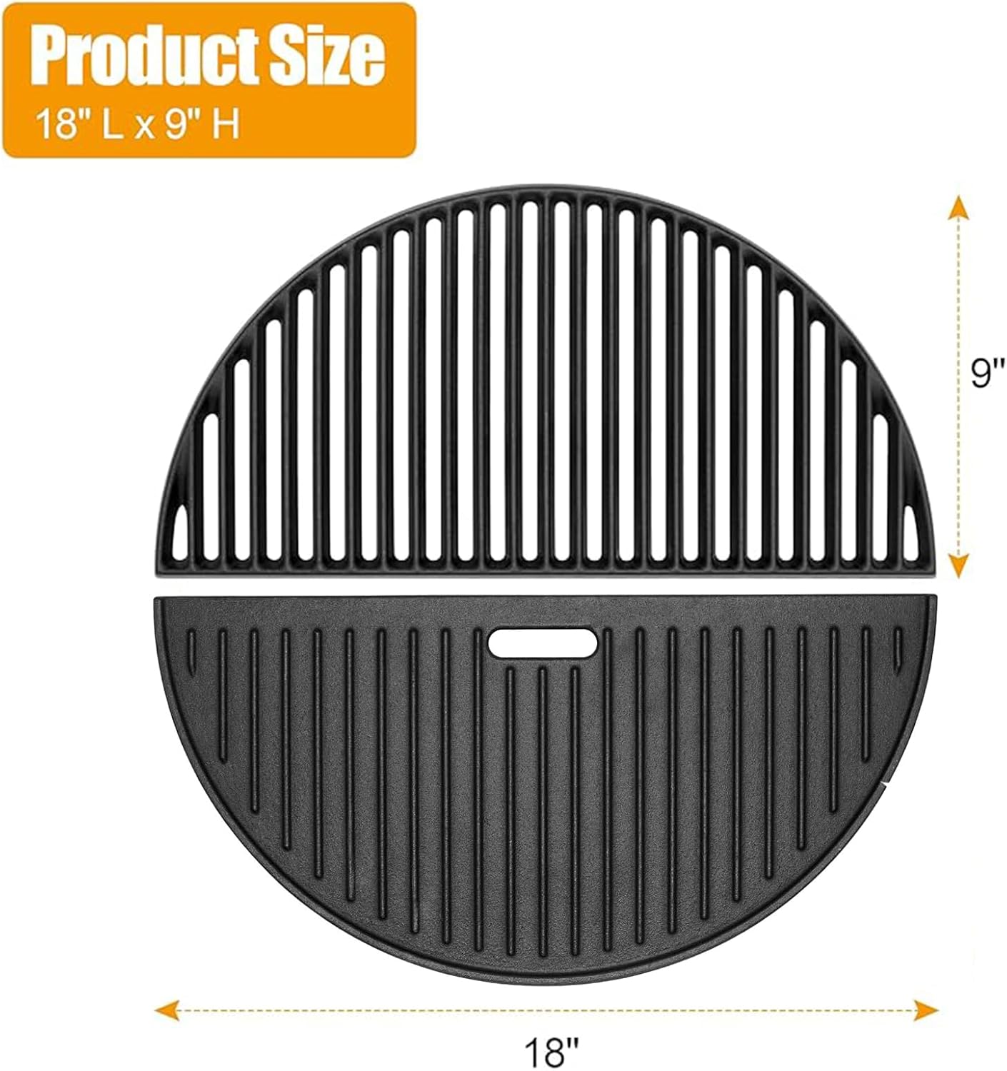 18" Half Moon Cast Iron Cooking Grates for Kamado Joe KJ-23RHC Classic II KJ23NRHCI Classic III KJ23RH Classic I Reversible Griddle for Stand-Alone Classic Large Big Green Egg Kamado Grill Replacement