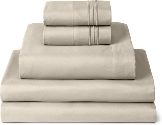 Mellanni Split King Sheets Set - 5 PC Iconic Collection Bedding - Hotel Luxury, Extra Soft, Cooling Bed Sheets - Wrinkle, Fade, Stain Resistant (Split King, Beige)