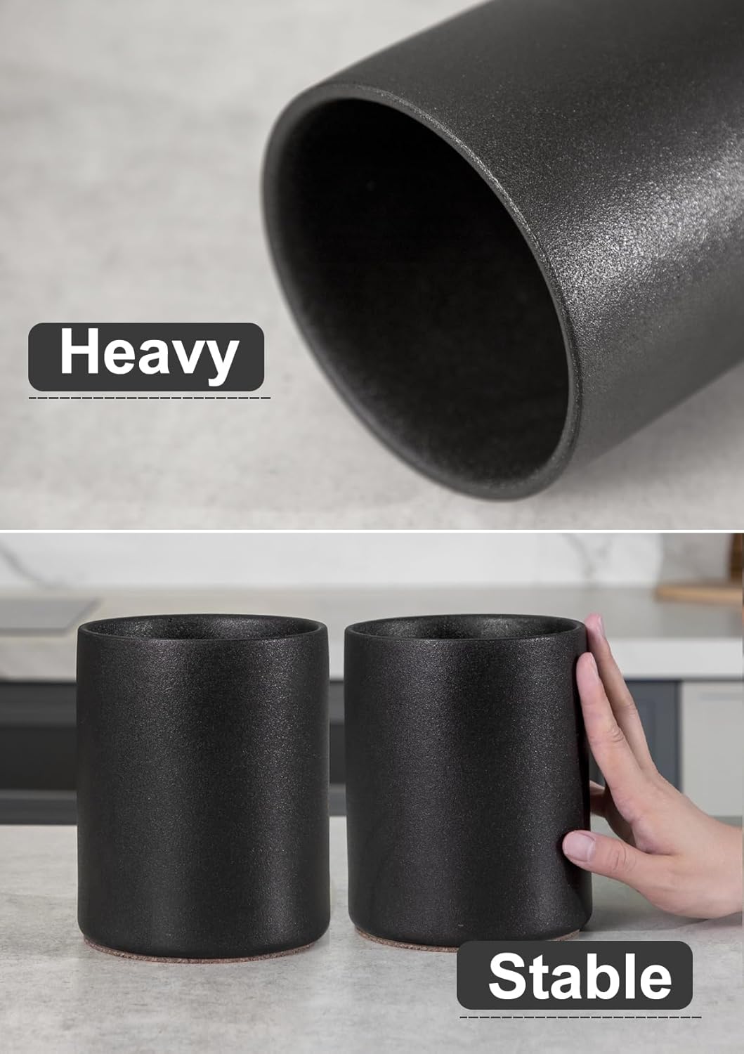 Nucookery Utensil Holder, 6.4" Ceramic Kitchen Utensil Holder with Countertop-Protection Cork Bottom, Farmhouse Kitchen Decor for Counter, Christmas Gift (Stone Black)