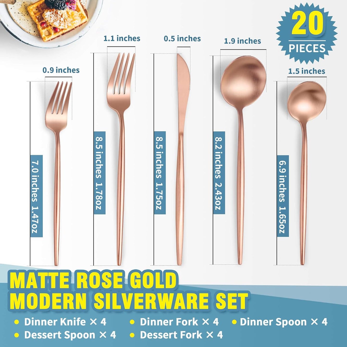 Matte Rose Gold Silverware Set for 4,Modern Stainless Steel Brushed Cutlery Set,20-Pieces Heavy Duty Flatware Set,Knives Spoons and Forks Set Utensils Set, Satin Finish, Dishwasher Safe
