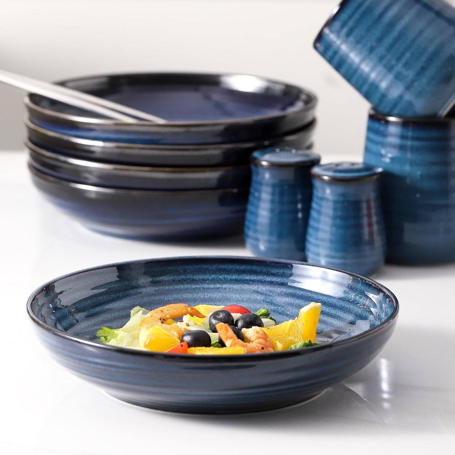 MEKY Ceramic Pasta Bowls, 8.7 Inch Serving Bowls for Salad, 32oz Soup & Fruit, Set of 4,Microwave & Dishwasher Safe, Dinnerware for Family, Entertaining & Everyday Meals (Blue)