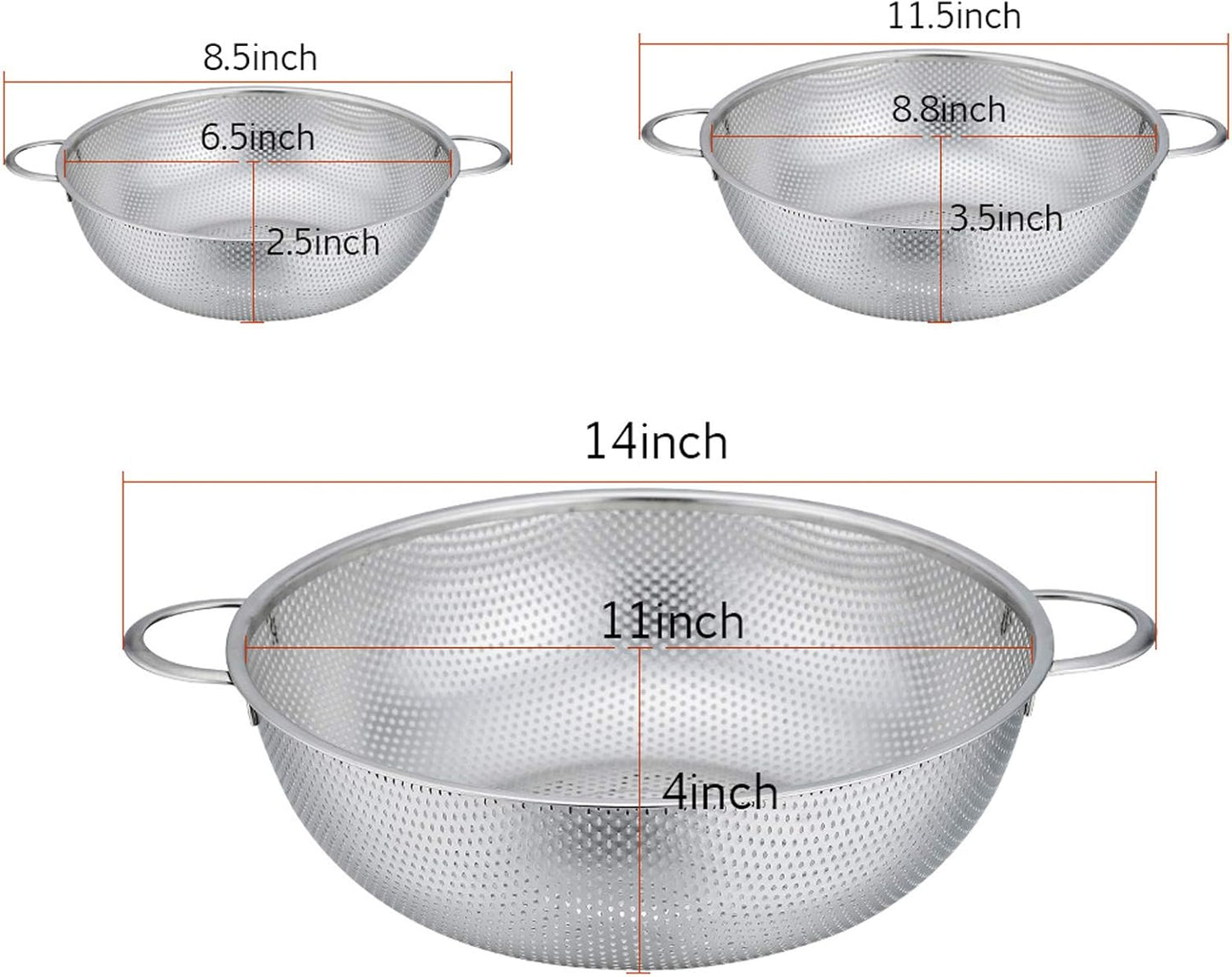 P&P CHEF Colander Set of 3, Stainless Steel Micro-Perforated Colanders Strainers for Draining Rinsing Washing, Ideal for Pasta Vegetables Fruits, Heavy Duty & Dishwasher Safe - 1/3/5 Quart