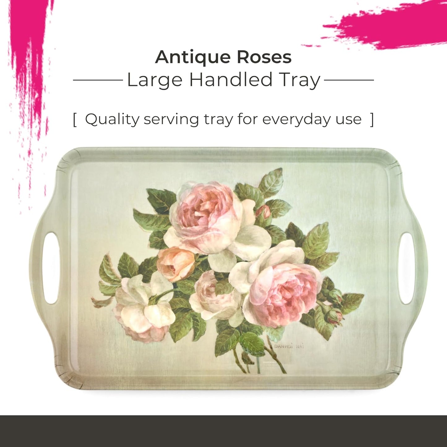 Pimpernel Antique Roses Large Handled Tray - Durable Melamine Serveware with Handles - Dishwasher-Safe Floral Decorative Centerpiece - 18.9" x 11.6" Elegant Tray for Entertaining Guests