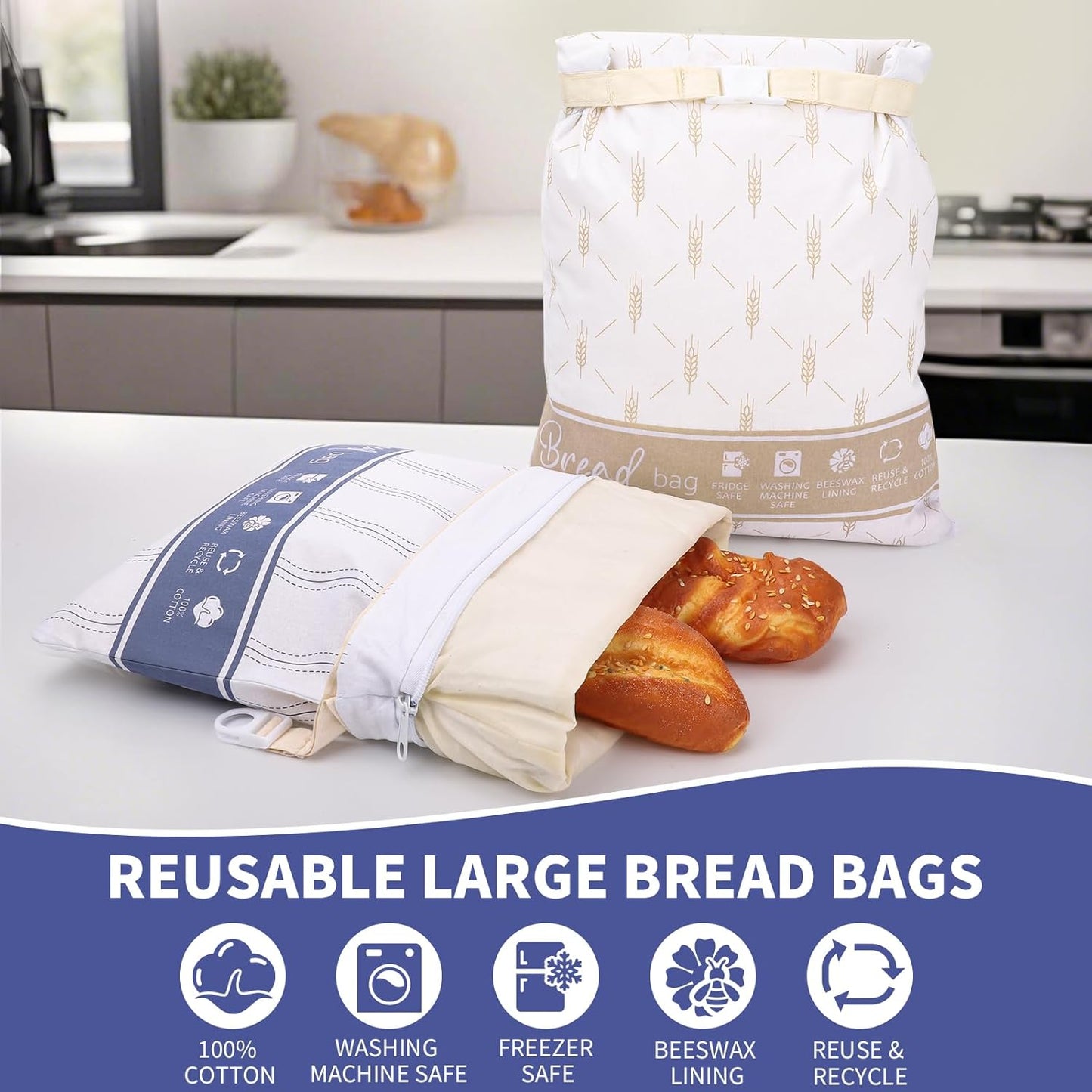 Beeswax Bread Bags for Homemade Bread, 2 Packs XL Reusable Bread Bag for Sourdough Large Cotton Bread Storage Bags for Baking Supplies Freezer Fresh Keeping