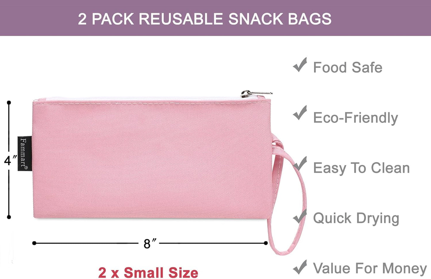 Reusable Sandwich Bag/Snack Bag for Kids & Adults, Dual Layer Lunch Bag with Handle, Washable, Food Safe, BPA Free (2-Pack, Pink)