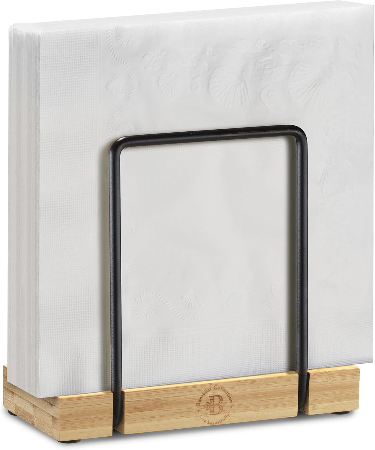 Napkin Holder for Table - Bamboo and Iron Standing Napkin Dispenser, Non-Slip Paper Napkin Holder for Kitchen, Farmhouse, Dining Table, Restaurant, Outdoor Use - Rustic Elegant Design (Black/Natural)