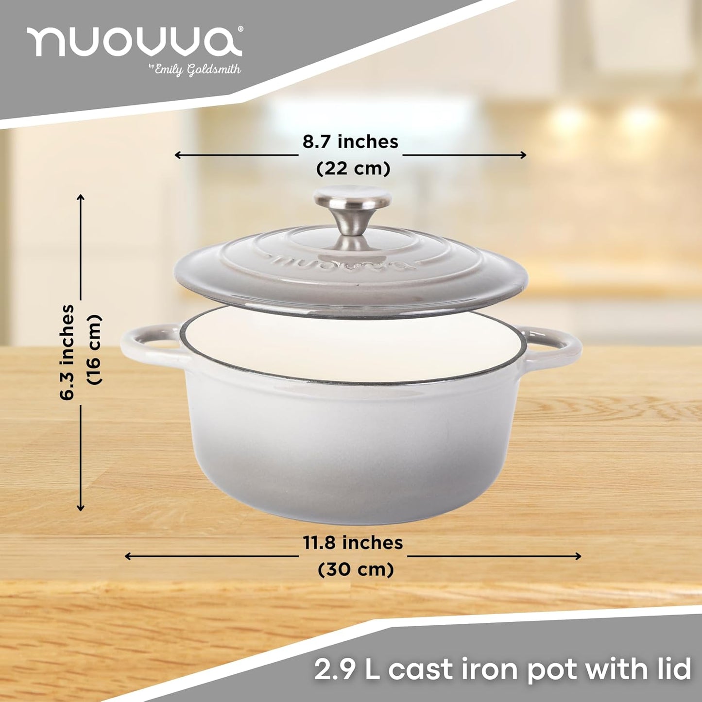 Cast Iron Dutch Oven with Lid – Non-Stick Ovenproof Enamelled Casserole Pot – Sturdy Dutch Oven Cookware – Grey, 3.1-Quart, 22cm – by Nuovva