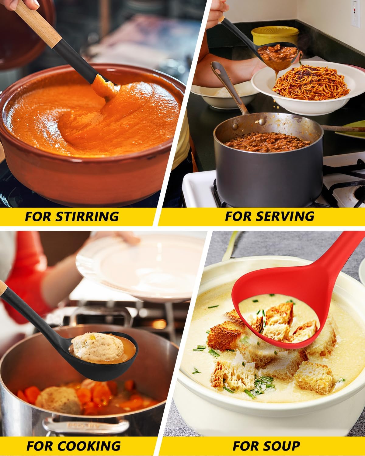 Pack of 2 Soup Ladle, Silicone Ladle Spoon with Wooden Handle, Large Non Stick High Heat Resistant Kitchen Utensils for Cooking, Stirring, Serving Soups(BLACK-RED)