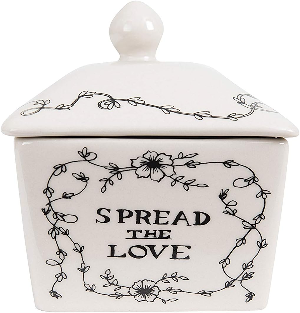 Creative Co-Op Country Stoneware Butter Dish with Lid, "Spread the Love" Message, and Farm Line Drawing, White and Black, Food, Microwave, and Dishwasher Safe
