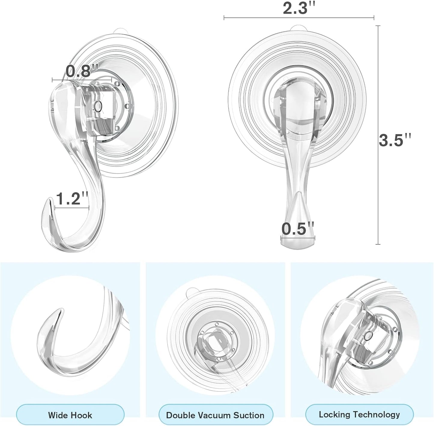 VIS'V Suction Cup Hooks, Small Shower Suction Hooks with Wipes, Heavy Duty, Removable and Reusable, Clear, 6 Pcs