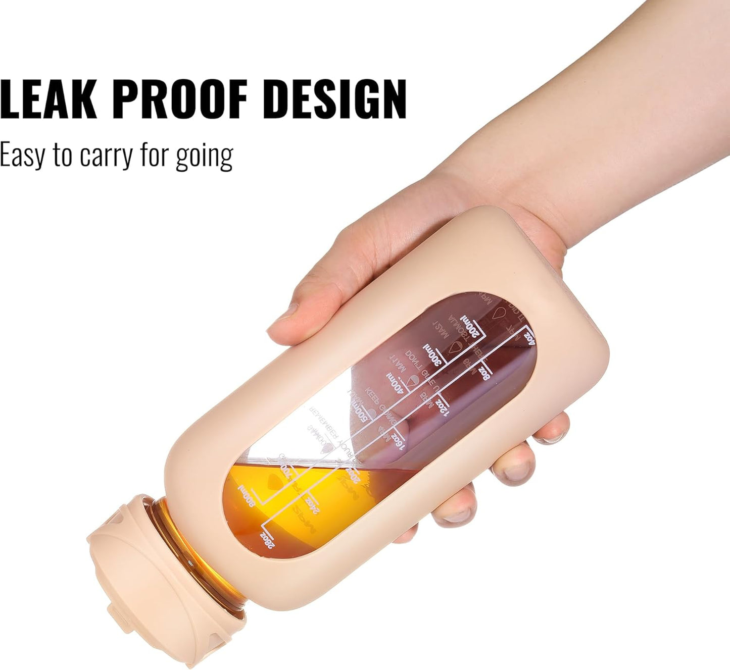 CIVAGO 32 oz Glass Water Bottle with Straw and Handle, Large Sports Motivational Water Bottle Flask with Time Marker and 2 Lids, Leakproof Water Jug Canteen with Silicone Sleeve for Gym,Beige