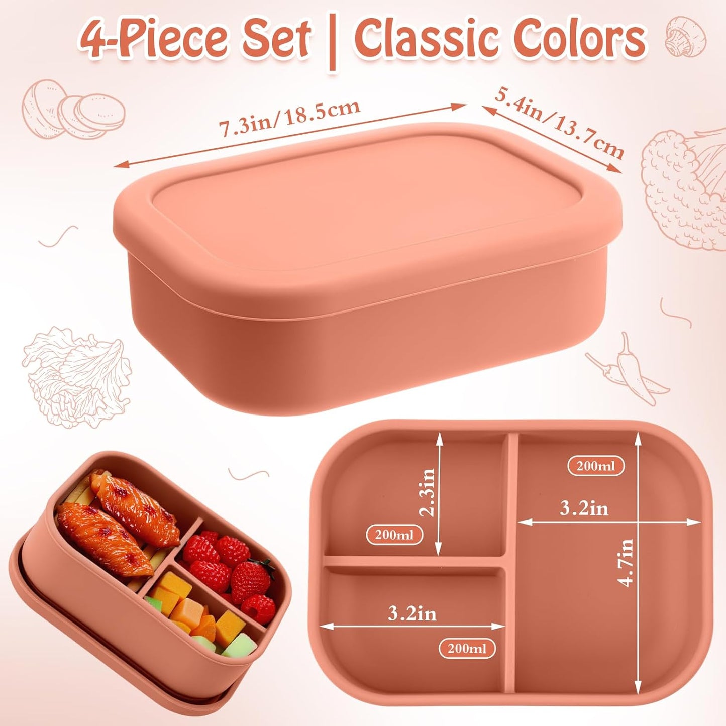 Honeydak 4 Pcs Silicone Bento Lunch Box 3 Compartment Reusable Leakproof Silicone Bento Lunch Container for Adults Microwave Dishwasher Freezer Safe(Orange)