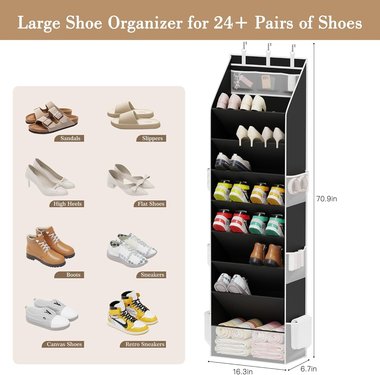 Criusia Shoe Organizer, Over the Door Shoe Organizer for Closet, Hanging Closet Shoe Storage with Large Deep Pockets, Holds Sneakers, Sandals, Boots, Fits 16–24 Pairs, Black