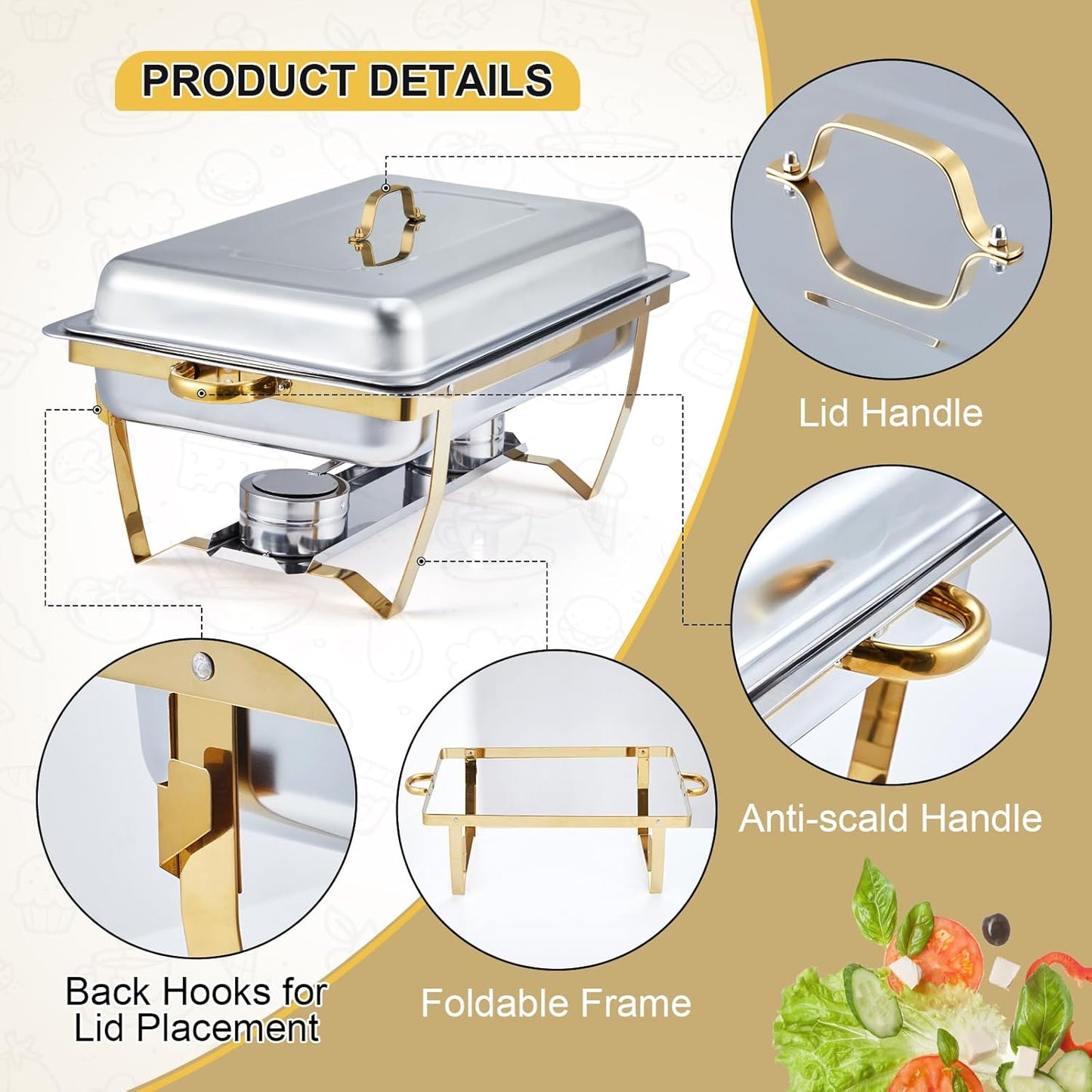 GarveeHome Chafing Dishes for Buffet 2 Pack, 8 Qt Stainless Steel Chafers and Buffet Warmers Sets with Lid, Rectangle Serving Food Warmer Catering Supplies Buffet Display for Parties, Gold