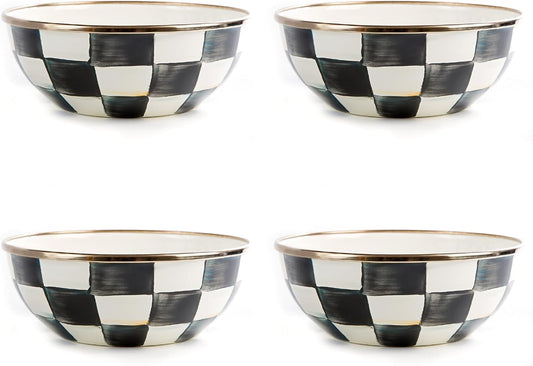 MACKENZIE-CHILDS Enamel Everyday Bowl, Serving Bowl for Entertaining, Extra-Small, Black-and-White Courtly Check, Set of 4