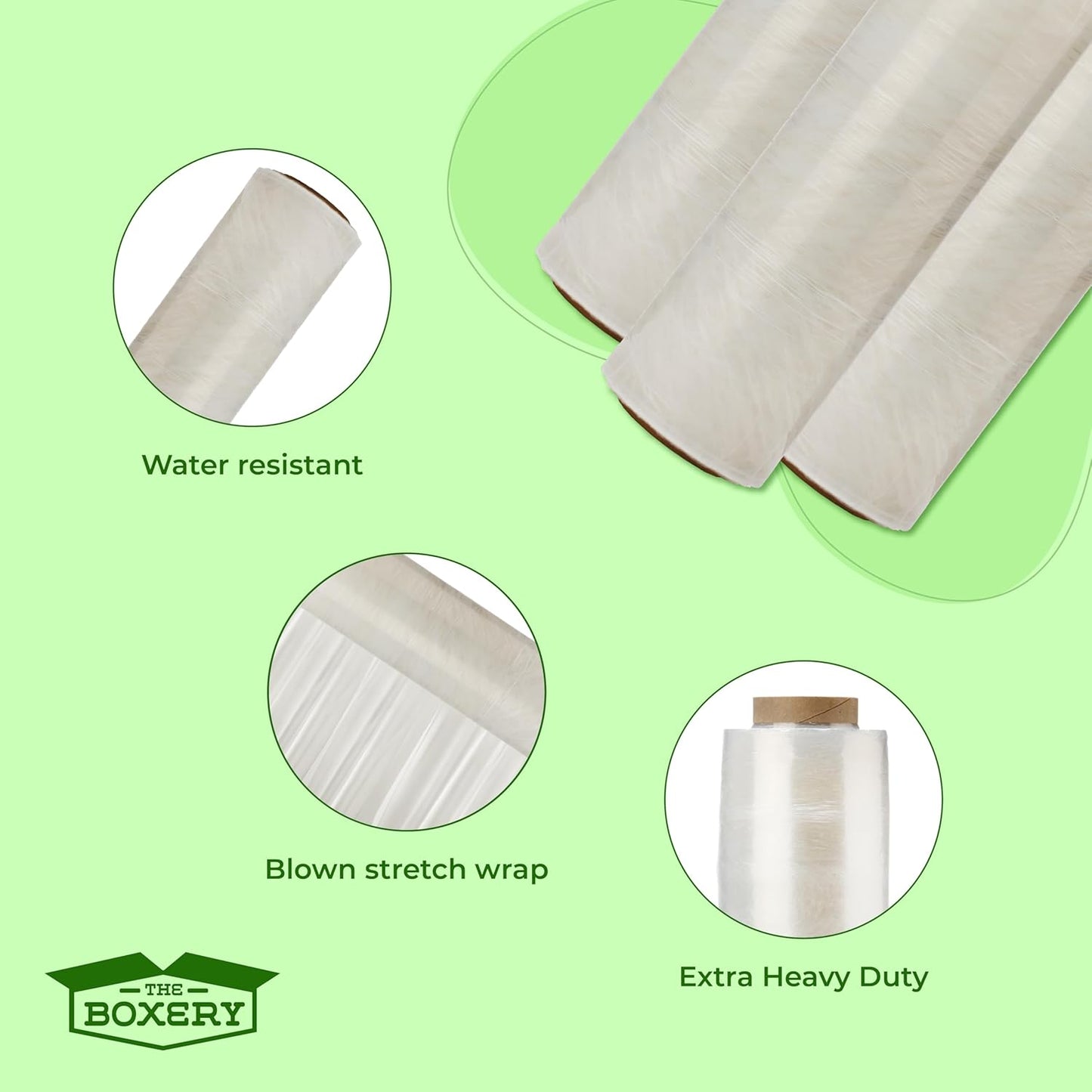 The Boxery- 18''X1500' Per Roll Stretch Wrap-4 Rolls/6000 Feet Total (90 Gauge) Extra Heavy Duty, Stretch Wrap Film Clear Cling Plastic for Shipping, Moving and Packaging