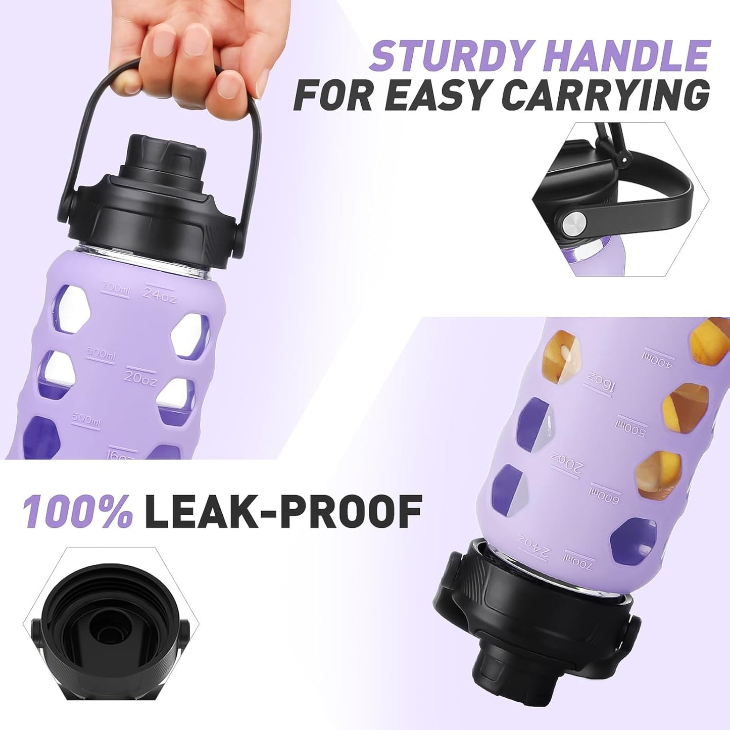 MUKOKO Glass Water Bottles, 24oz Glass Tumbler with Straw, Drinking Bottles with 2 Lids-Handle Spout Lid&Bamboo Straw Lid, Motivational Water Bottle with Time Marker and Silicone Sleeve, 1 Pack-Purple