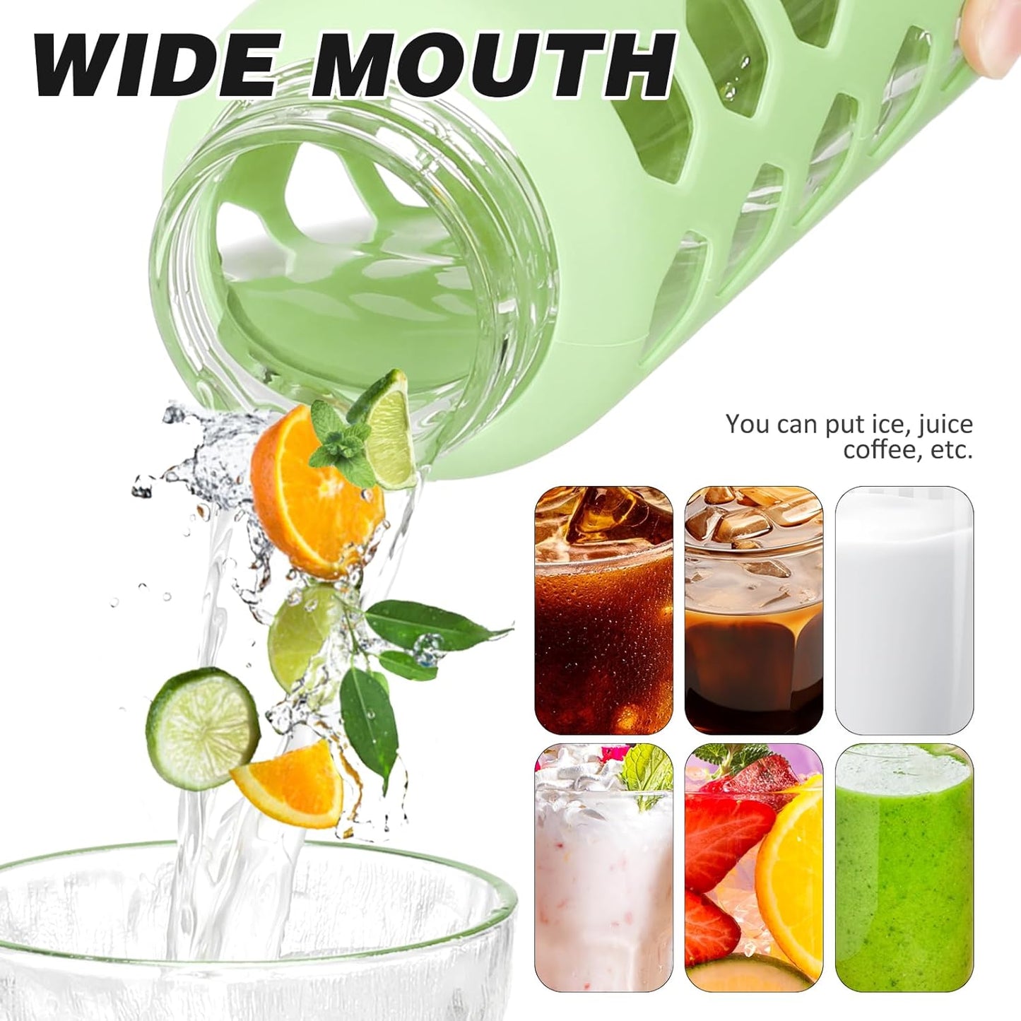 MUKOKO Glass Water Bottles,24oz Glass Tumbler with Straw,Drinking Bottles with 2 Lids-Handle Spout Lid&Bamboo Straw Lid,Motivational Water Bottle with Time Marker and Silicone Sleeve,1 Pack-Mustard