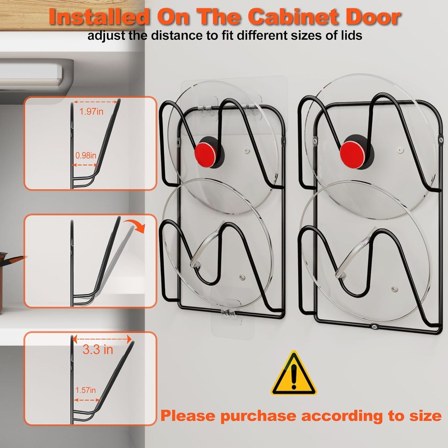 2 Pack Pot-Lid-Organizer, 4-Tier Pots and Pans Lid Organizer Under Cabinet, No Drilling, Rustproof, Lid-Organizers-Inside-Cabinet for Small-Space-Solution & Kitchen Cabinet Organization