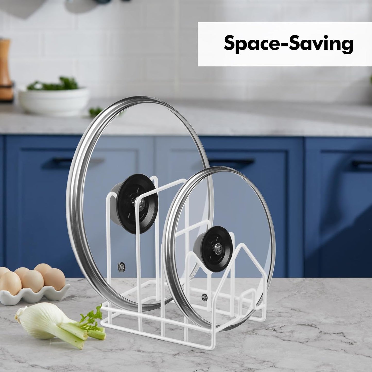 Poeland Kitchen Pot Lid Organizer, Pan Rack with 4 Compartments, Pantry Organizer Rack for Dinnerware, Bakeware, Cookware, Cutting Boards, Pan Lids (Small Size, White)