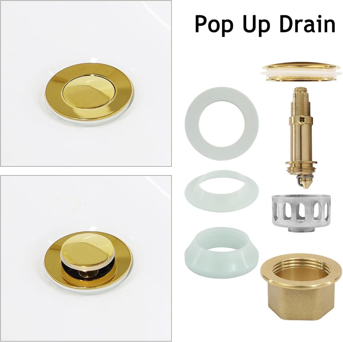 Bathroom Sink Drain,2 Pack Gold Stainless Steel Bathroom Drain Stopper Without Overflow,Small Cap Pop Up Drain Assembly with Detachable Strainer Basket,Built-in Anti-Clogging