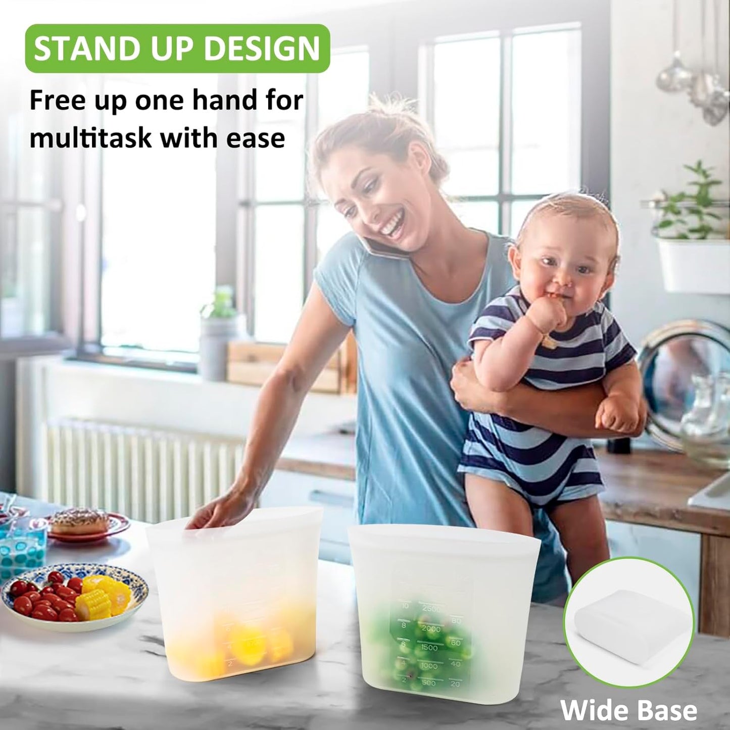 Reusable Storage Bags Extra Large, 0.8 Gallon/101 fl.oz/3000 ml, 4 Pack 100% Silicone Food Storage Bags Stand Up Zip Lock for Large Food Items, Freezer Microwave Oven Dishwasher Safe, Translucent