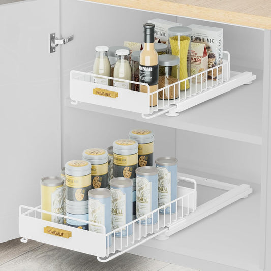 Under Sink Organizer, 2 Packs Under Sink Organizers and Storage, Slide Out Pull Out Cabinet Organizer Shelf with Metal Drawers for Kitchen Bathroom Pantry, White